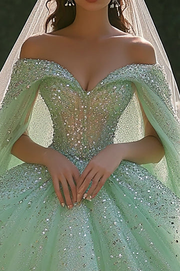 Glitter Ball Gown Off the Shoulder Light Green Sequin Quinceanera Dress